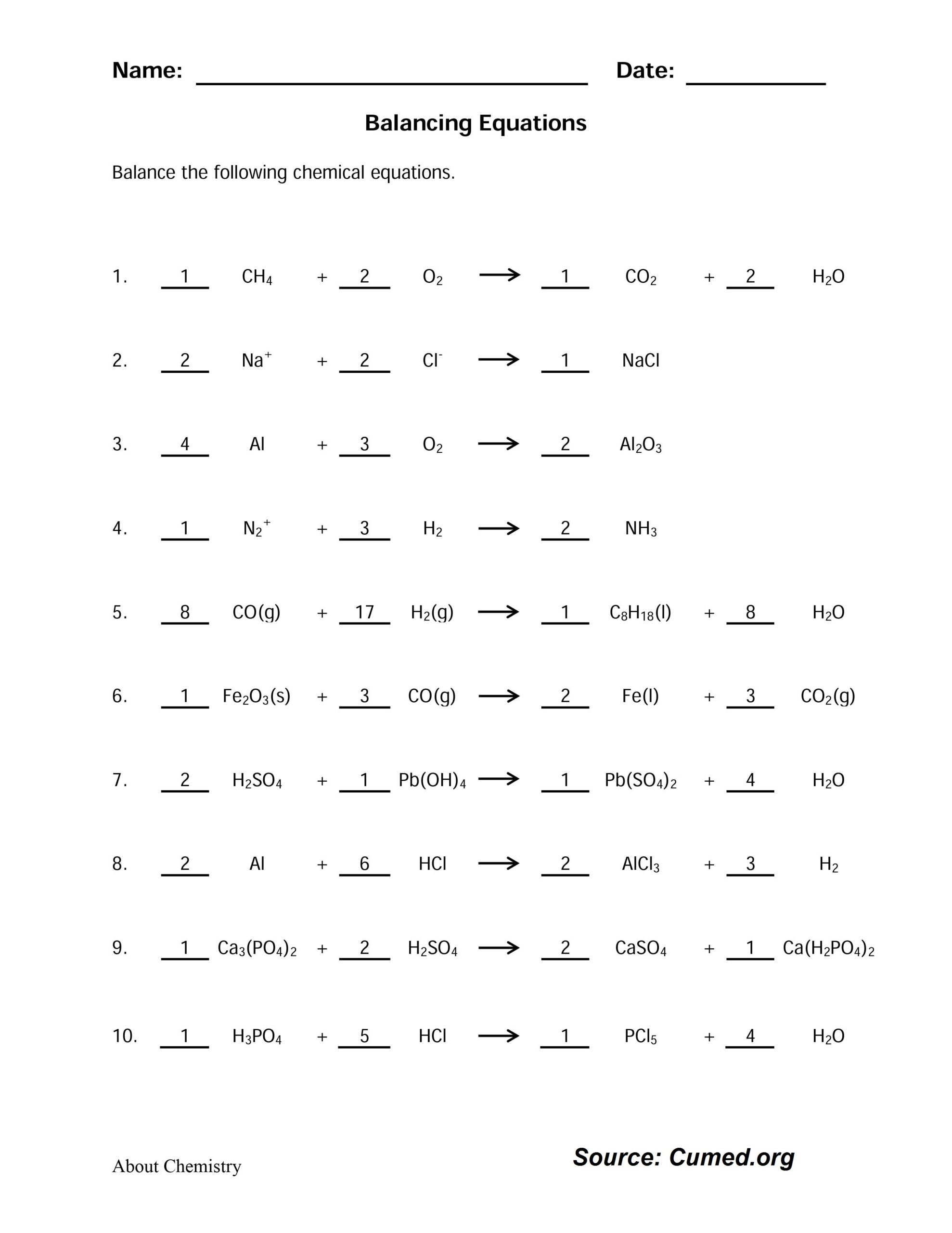 Balancing Equations Worksheet Answer Key 2