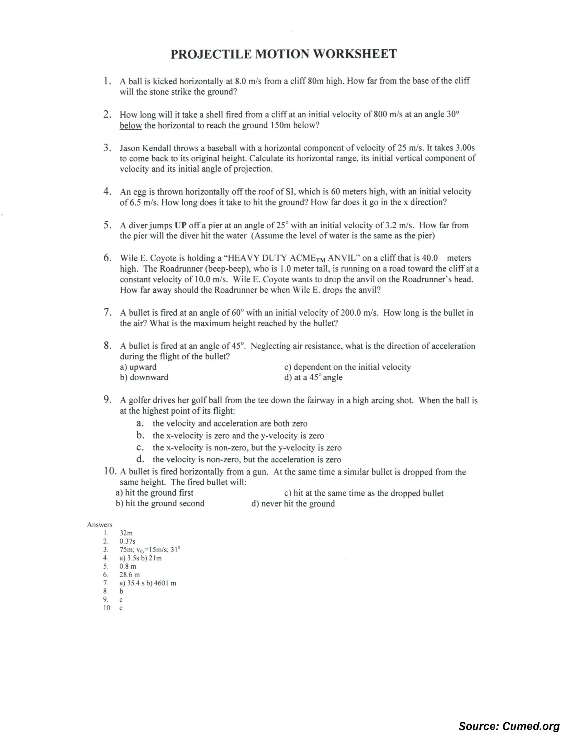 Projectile Motion Worksheet With Answers