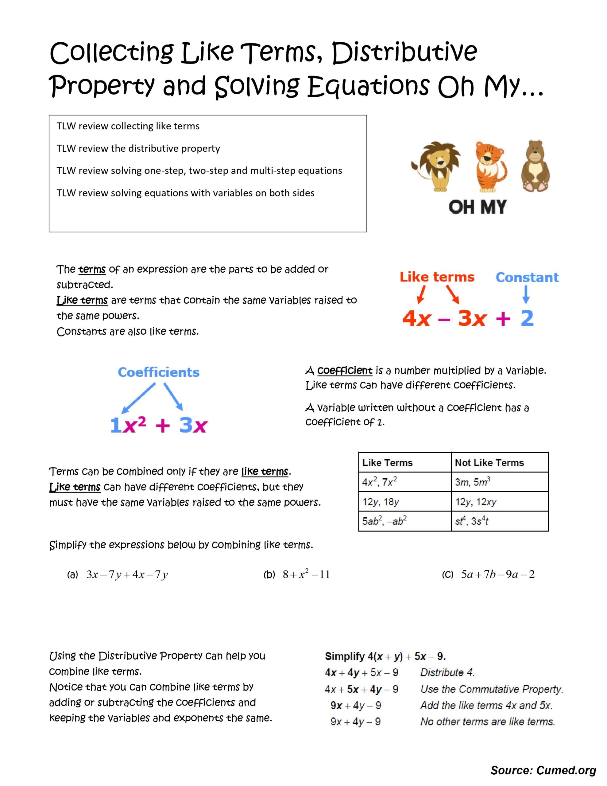 Collecting Like Terms Distributive Property Solving Equations 