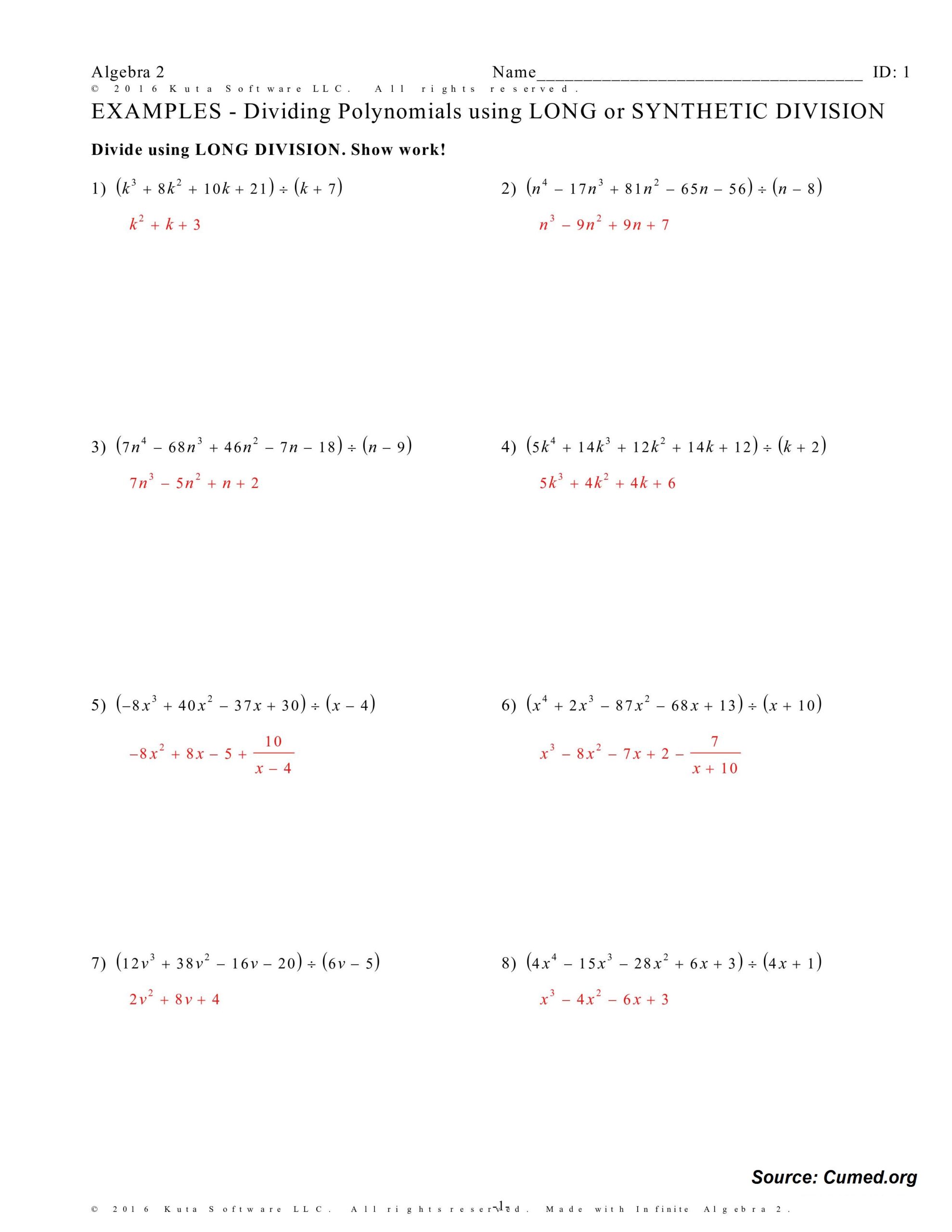 Polynomial Long Division Worksheet Answer Key