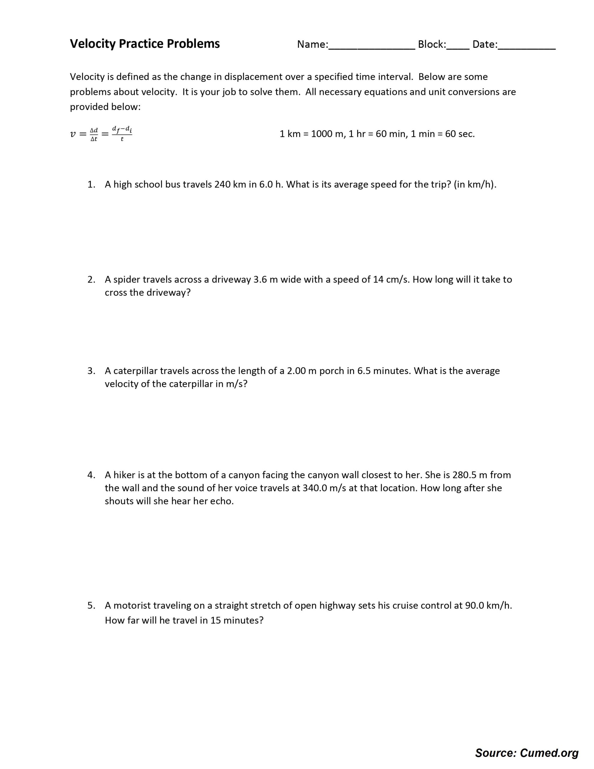 Velocity Worksheet With Answers Key