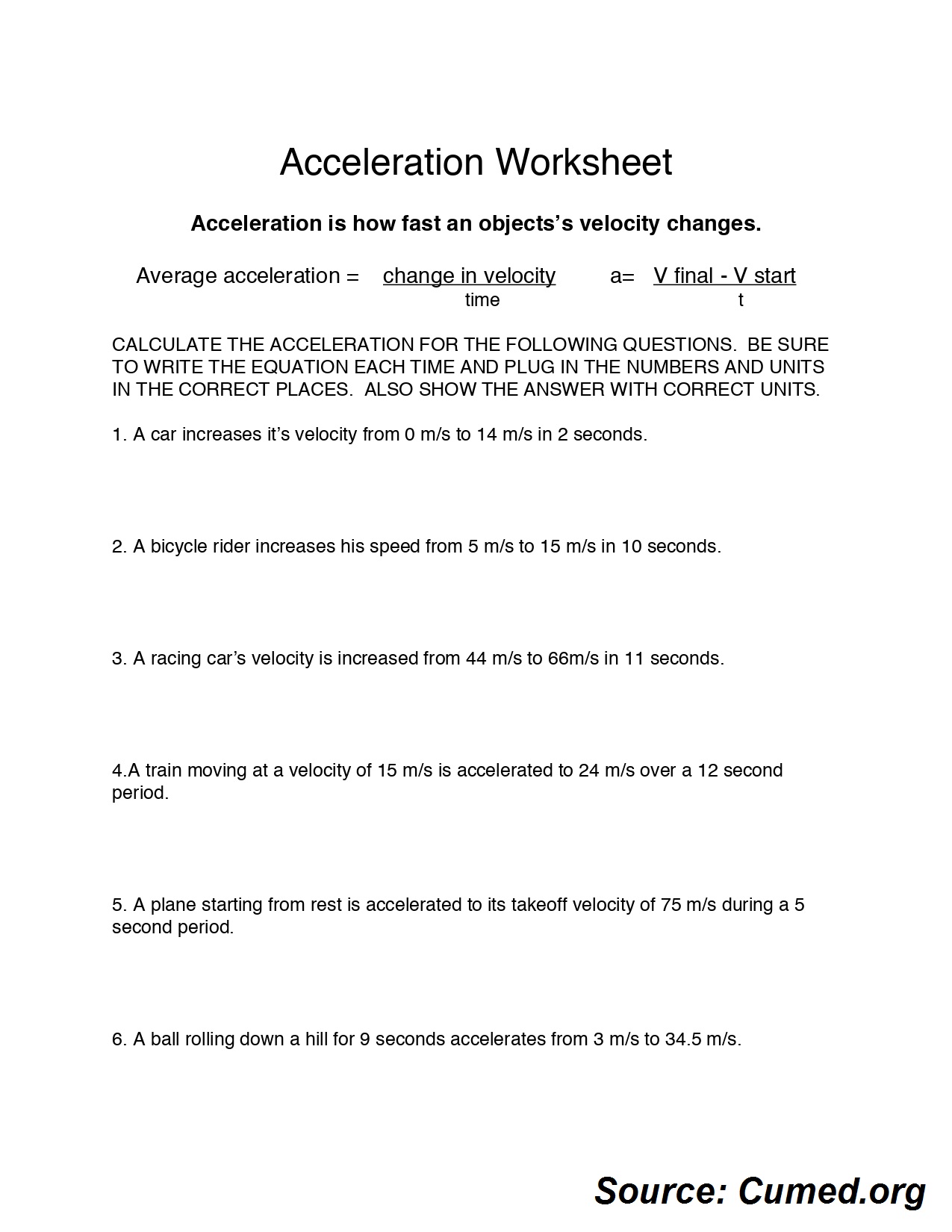 Acceleration Practice Problems Worksheet