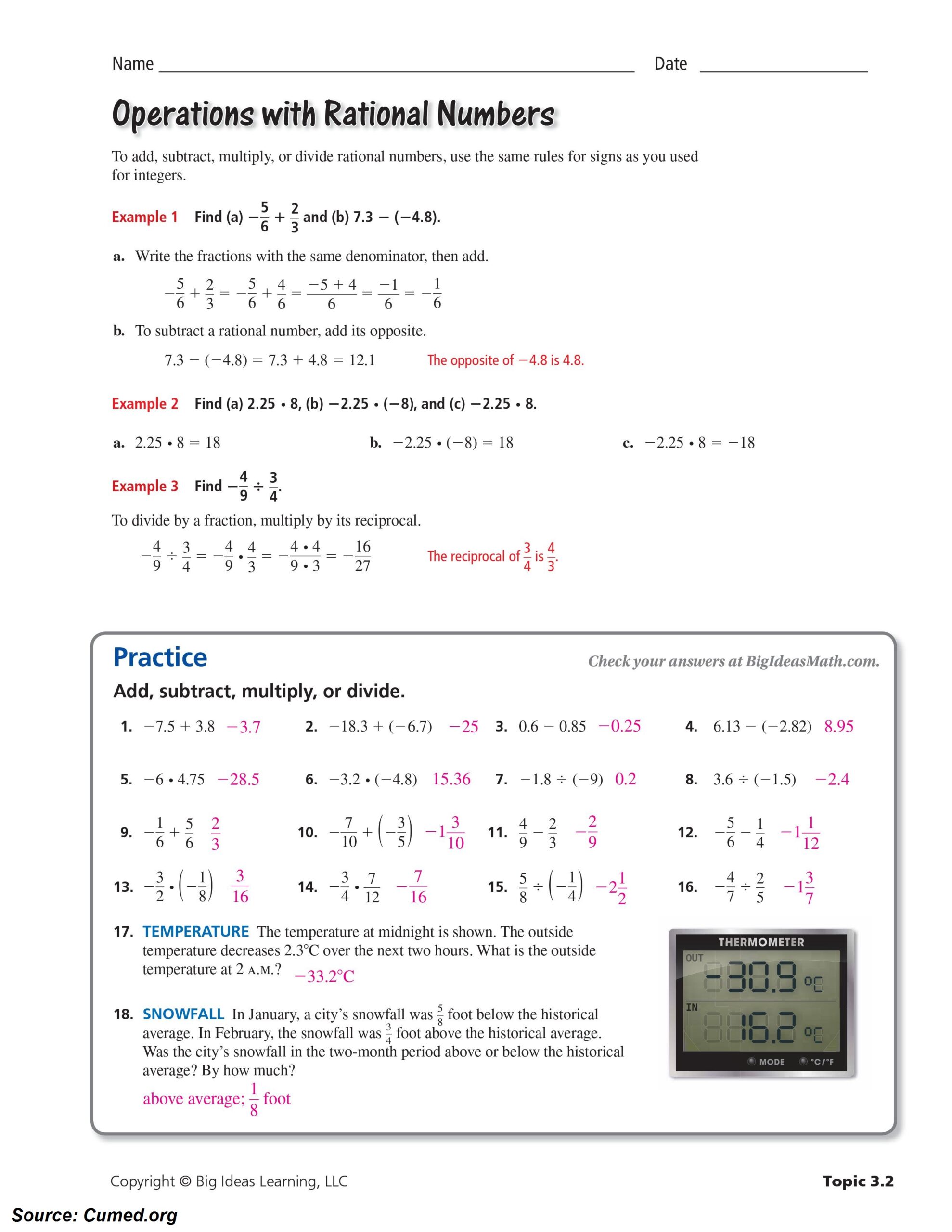 Operations With Rational Numbers Worksheet Answer Key