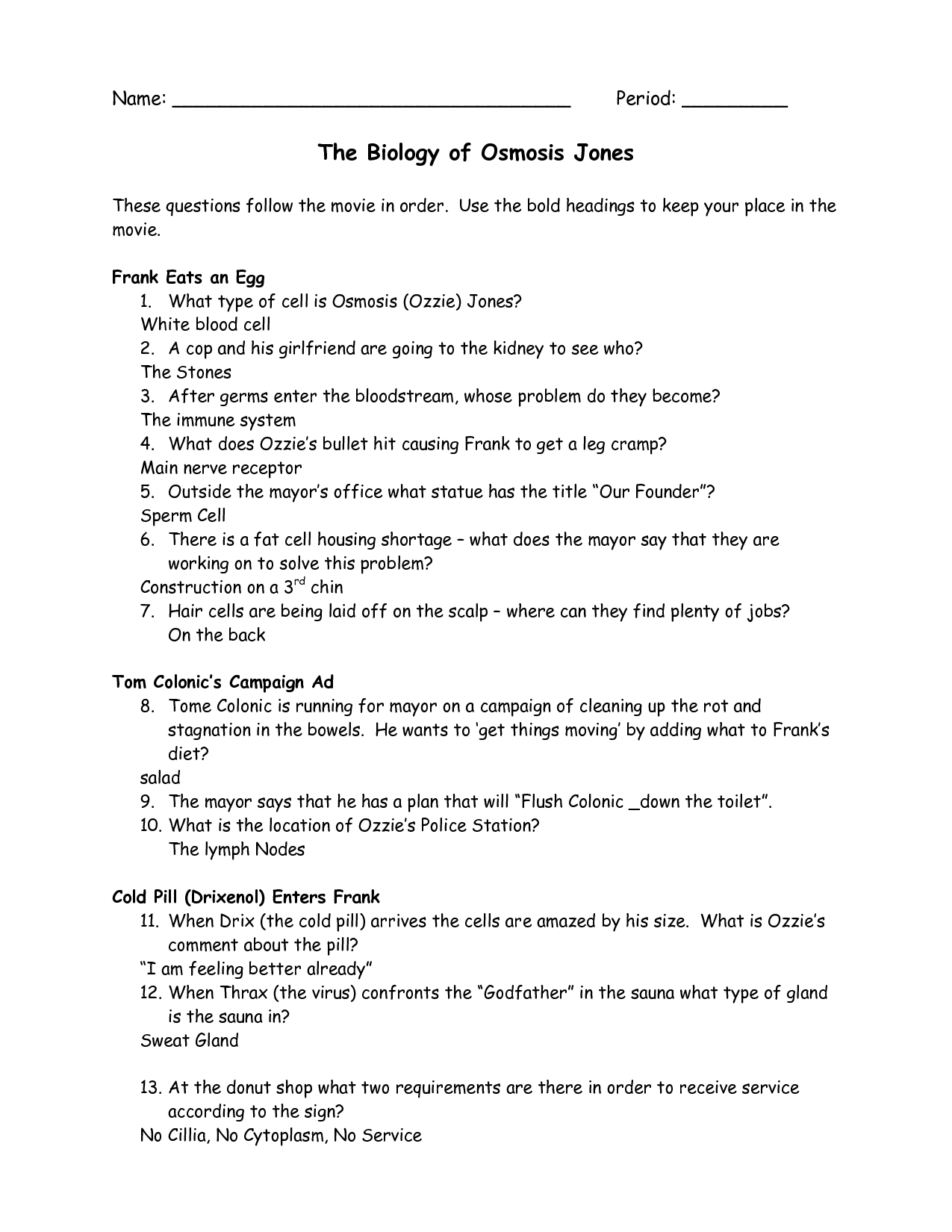 Osmosis Jones Worksheet Answer Key