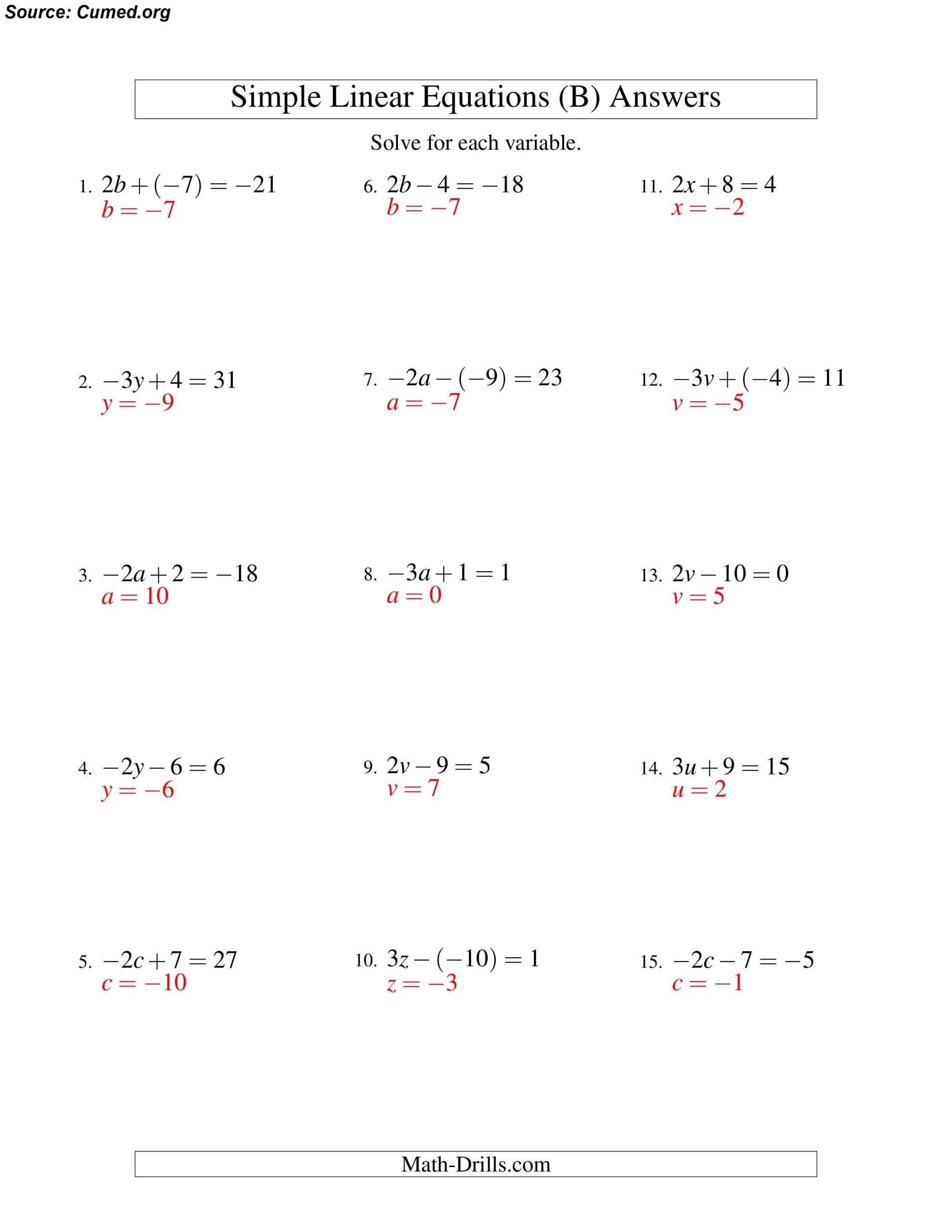 Linear Equation Worksheet With Answer Key